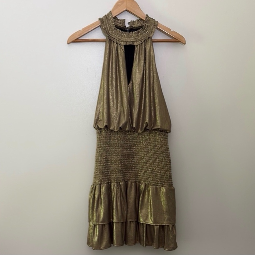AQUA Metallic Lamé Mini Dress Sleeveless Smocked Ruffle Size Small